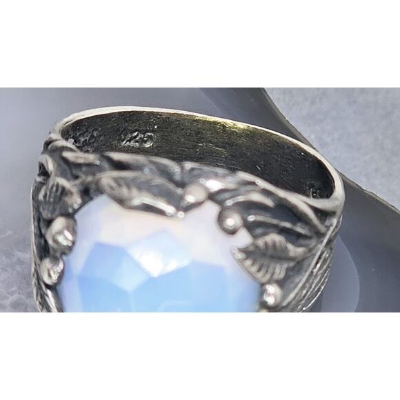 925 Sterling Silver Round Iridescent Stone & Leaf Design Ring SZ 8 - Picture 10 of 11